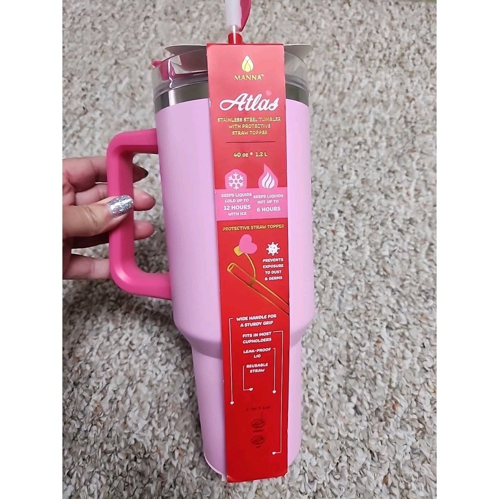 Manna Atlas Pink 40 Oz Stainless‎ Steel Tumbler W/protective Heart Straw New